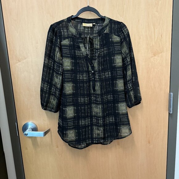 Princess Vera Wang plaid tunic sheer black olive top womens M - Picture 1 of 4